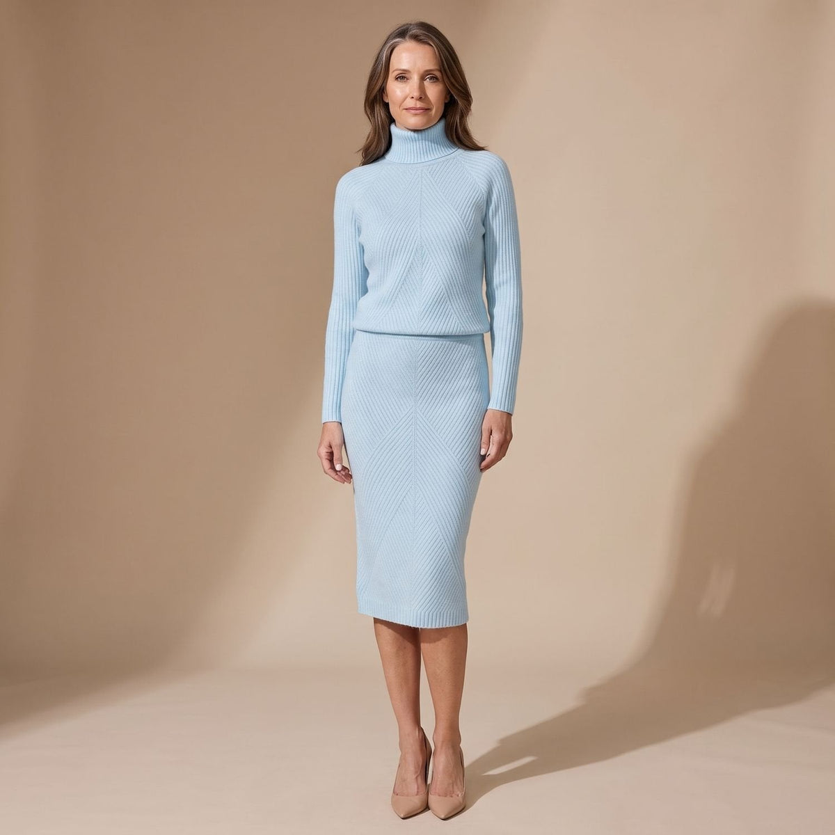 FIENKE gebreide colbloes en midirok set voor dames in herfstlook