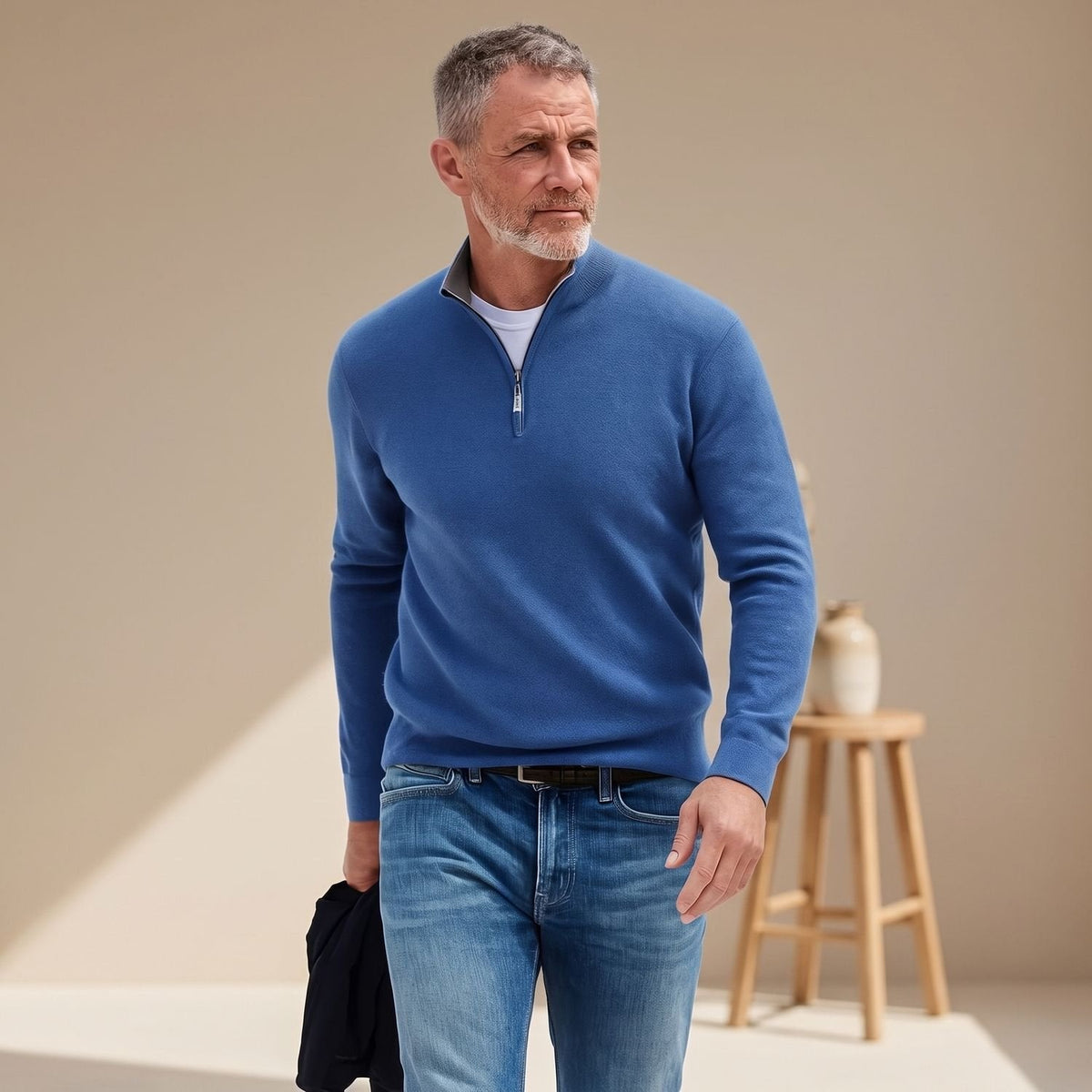 Heren gebreide pullover met kwartrits en lange mouwen, voorkant