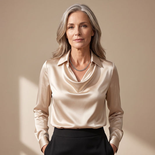 FRIEDA elegante satijnen blouse met waterval-overslag voor dames