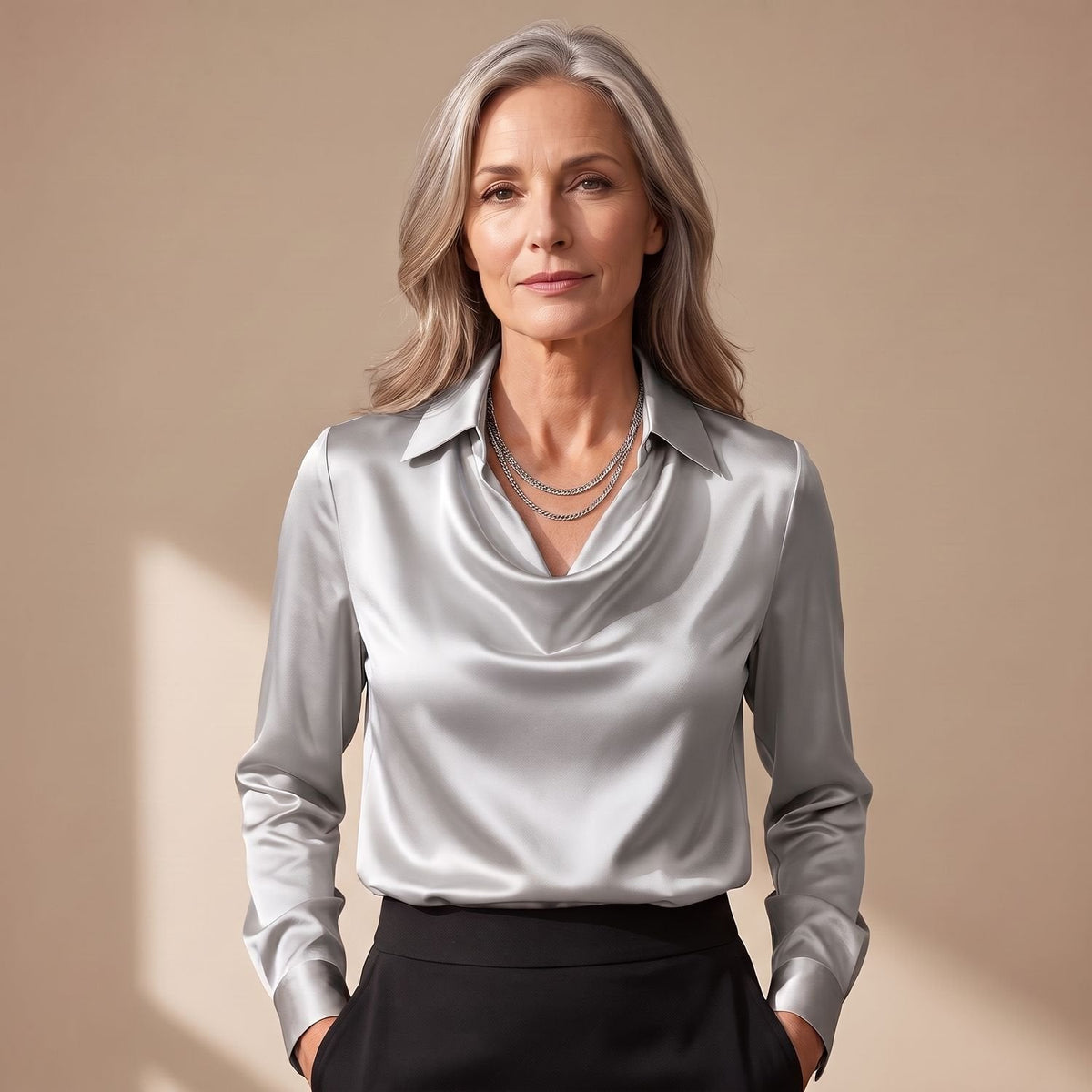 Vooraanzicht van de satijnen blouse met blousekraag