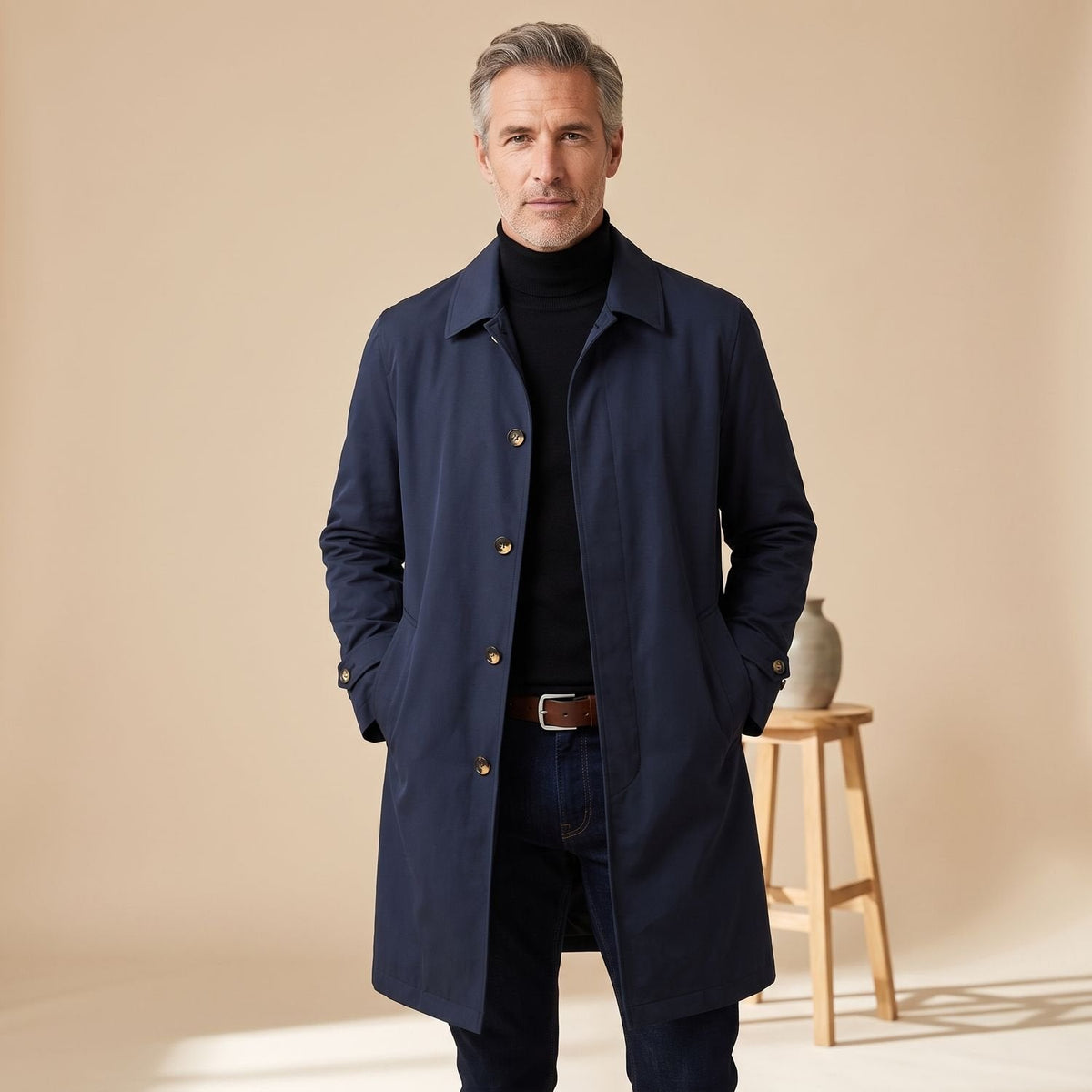 HARVEY trenchcoat gedragen over smart-casual outfit