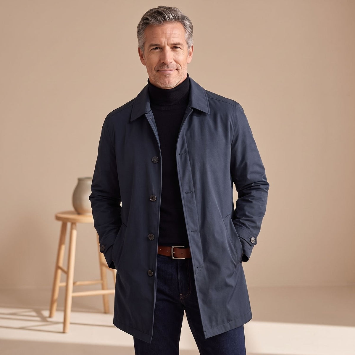 Zijaanzicht van de winddichte polyester trenchcoat voor heren
