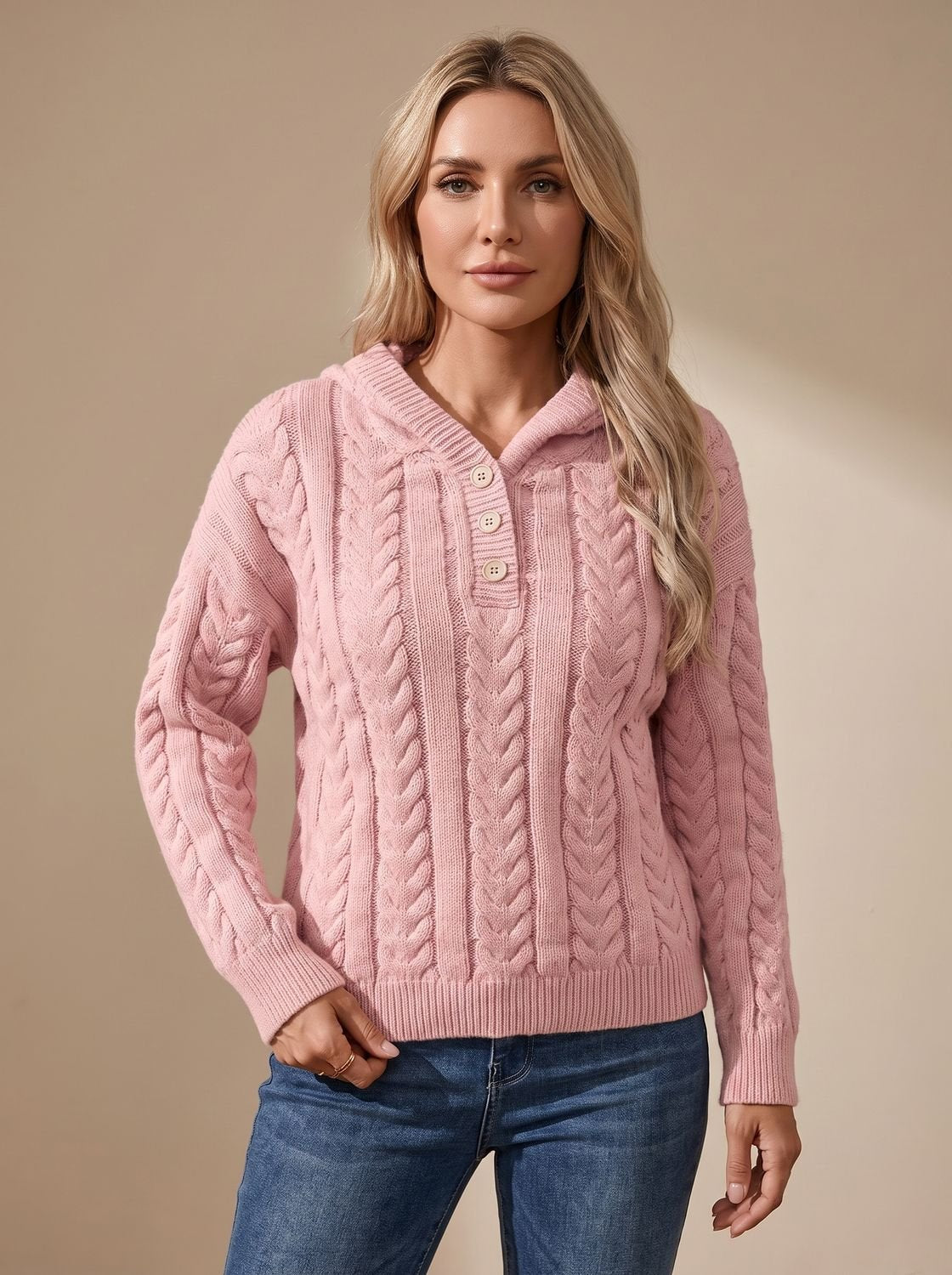 Dames oversized kabeltrui met capuchon en henley-knoopsluiting