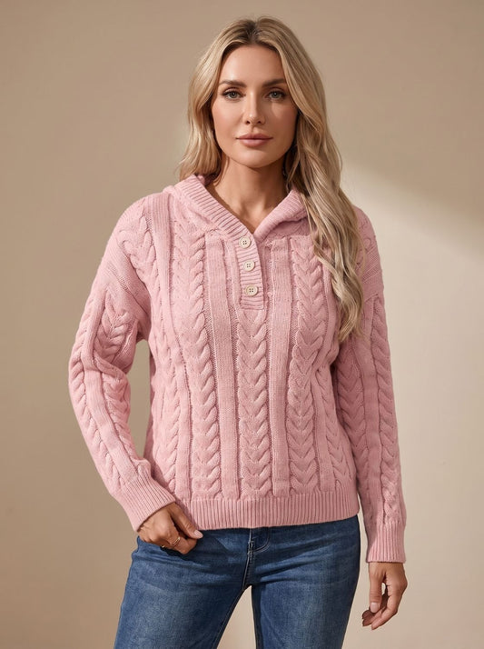 Dames oversized kabeltrui met capuchon en henley-knoopsluiting