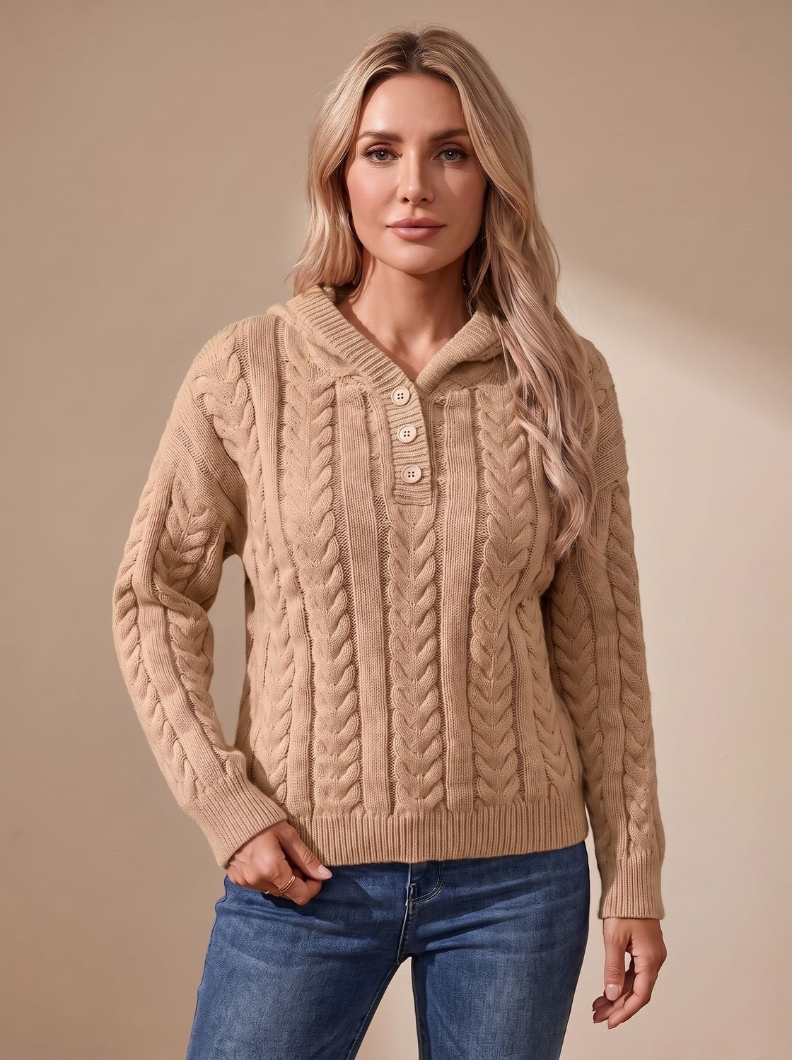 Model draagt de HELARA kabeltrui in een casual outfit