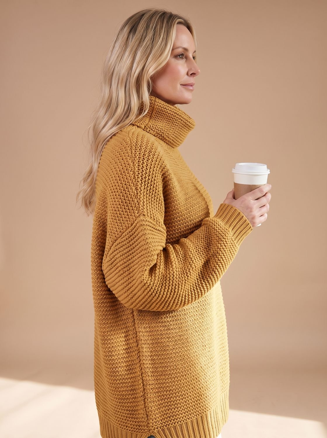 Detailfoto van de mouw en stiknaden van de winterpullover