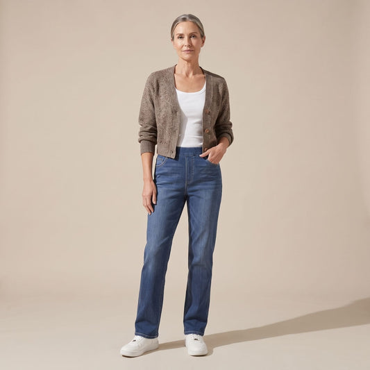 KEELA dames high-waist pull-on jeans in blauwe denim, vooraanzicht
