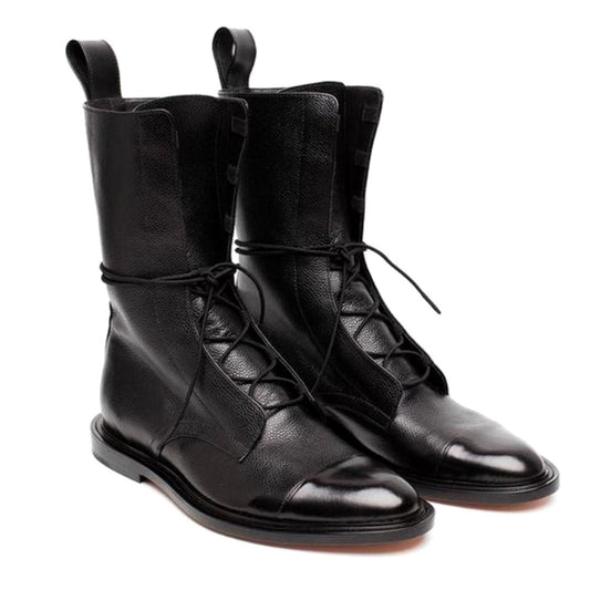 KESTRA dames veterlaarzen combat-stijl met neuspunt in zwart, mid-kuit model