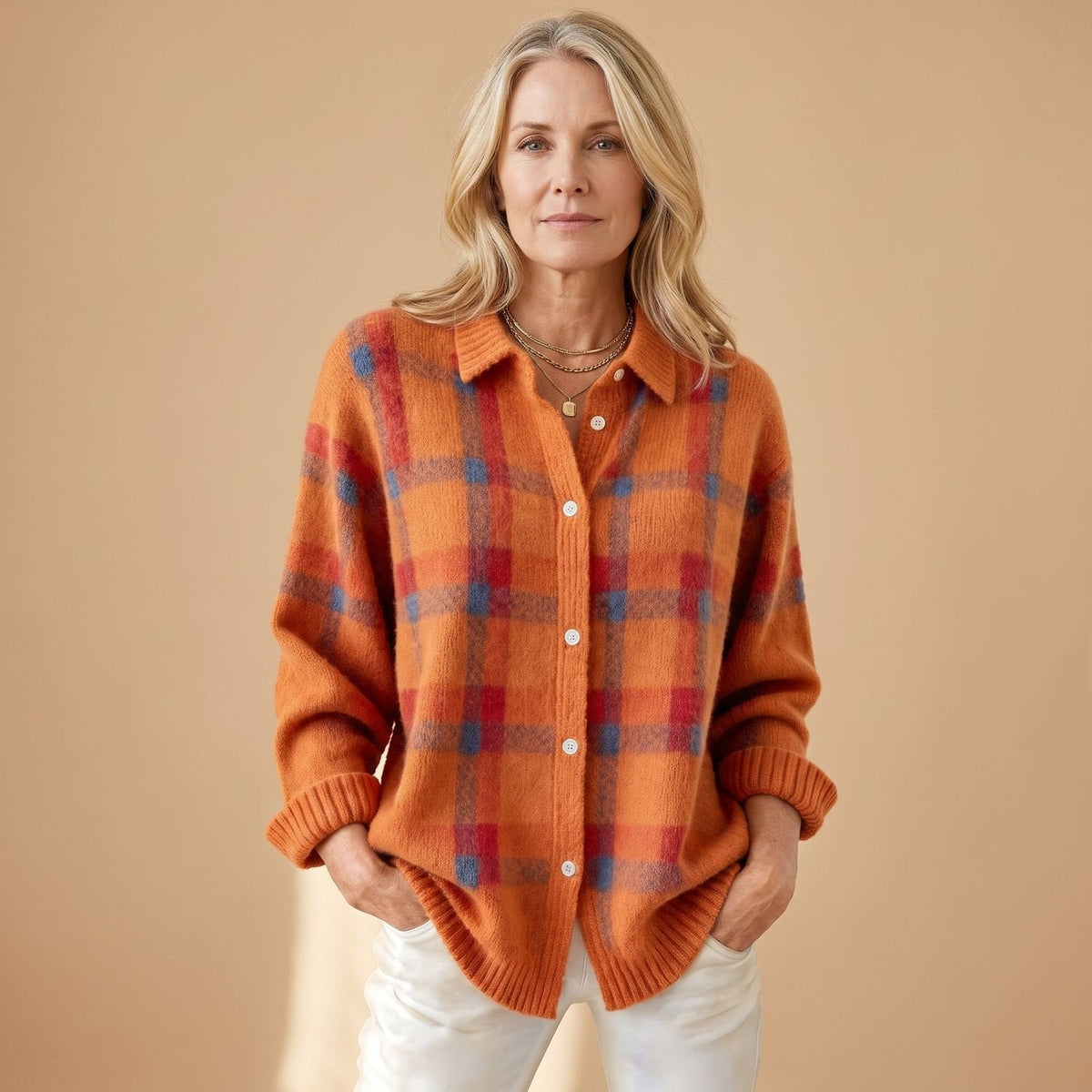 LOTTA oversized geruite gebreide cardigan met knopen voor dames