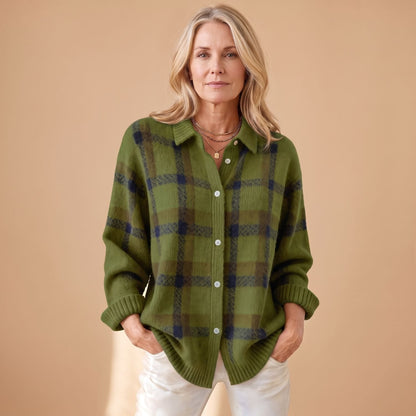 Achteraanzicht van de oversized LOTTA geruite cardigan