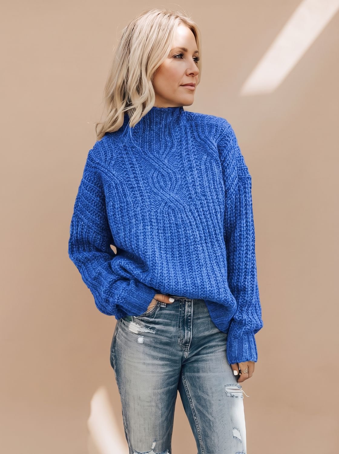 Losse kabeltrui met hoge kraag in diverse kleuren