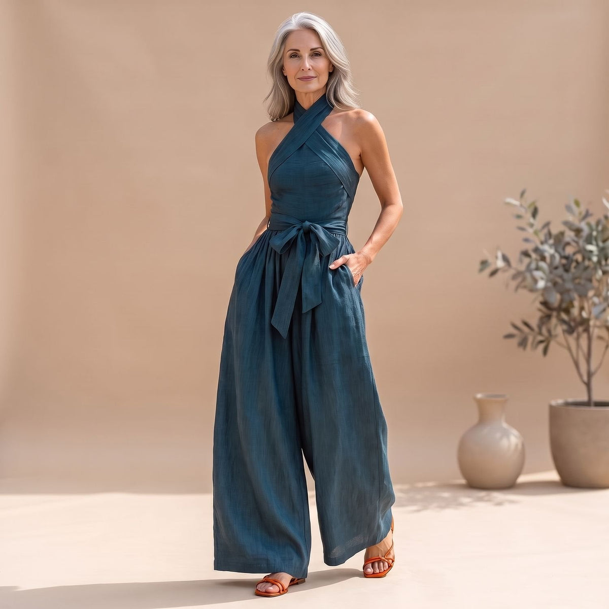 Detail van crossover-neckholder en ingewerkte zijzakken van de jumpsuit
