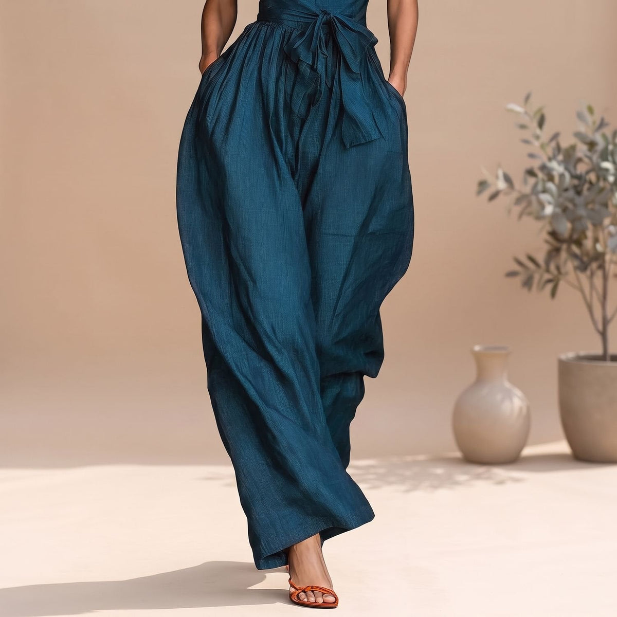 Vrouw draagt LUMARA jumpsuit tijdens een stijlvolle zomerse outing