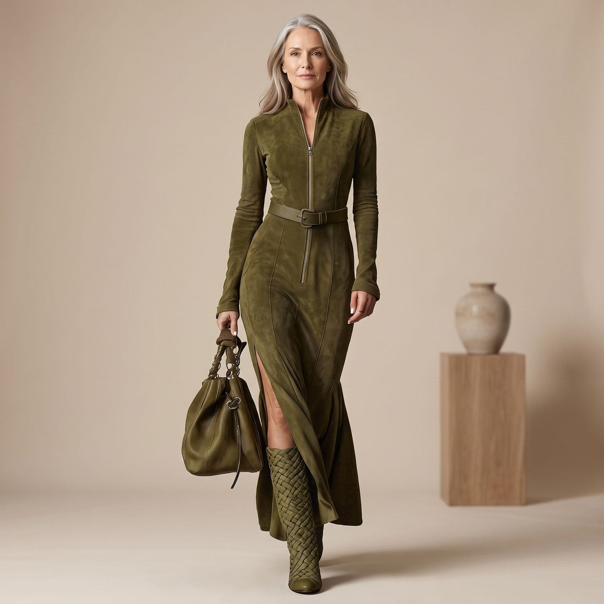 LYRA suède-look maxi-jurk met rits en ceintuur voor dames in westernstijl