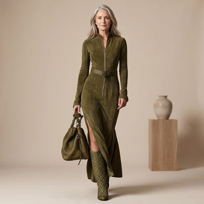 LYRA suède-look maxi-jurk met rits en ceintuur voor dames in westernstijl