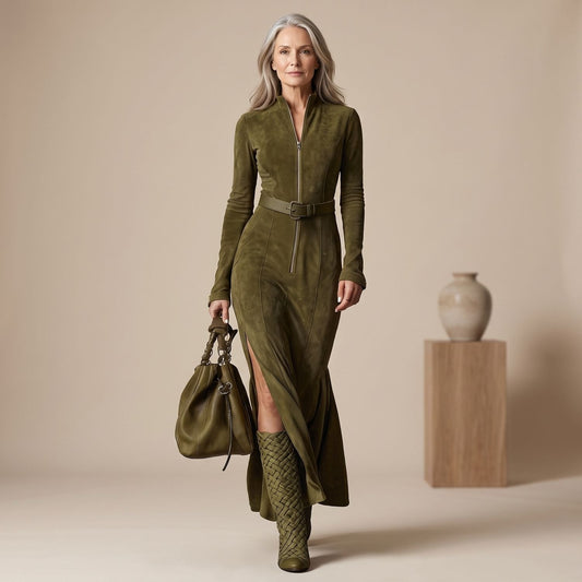 LYRA suède-look maxi-jurk met rits en ceintuur voor dames in westernstijl