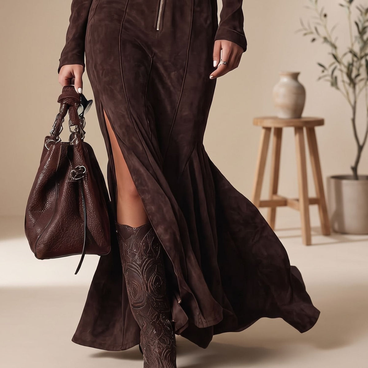 LYRA jurk gecombineerd met hoge laarzen voor een stijlvolle herfstlook