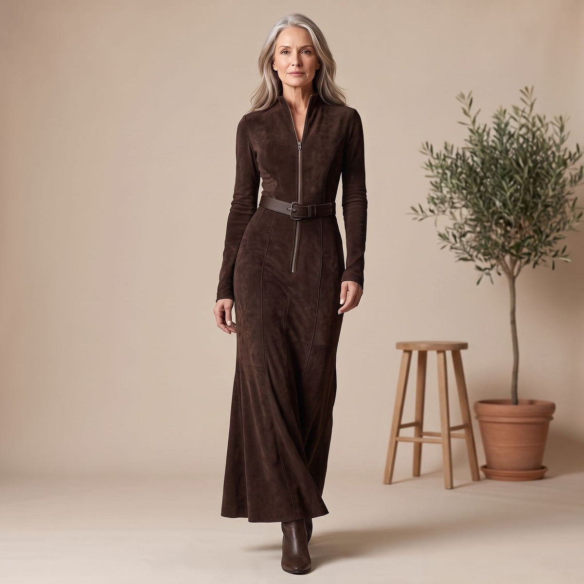 Achteraanzicht van de LYRA suède-look maxi-jurk