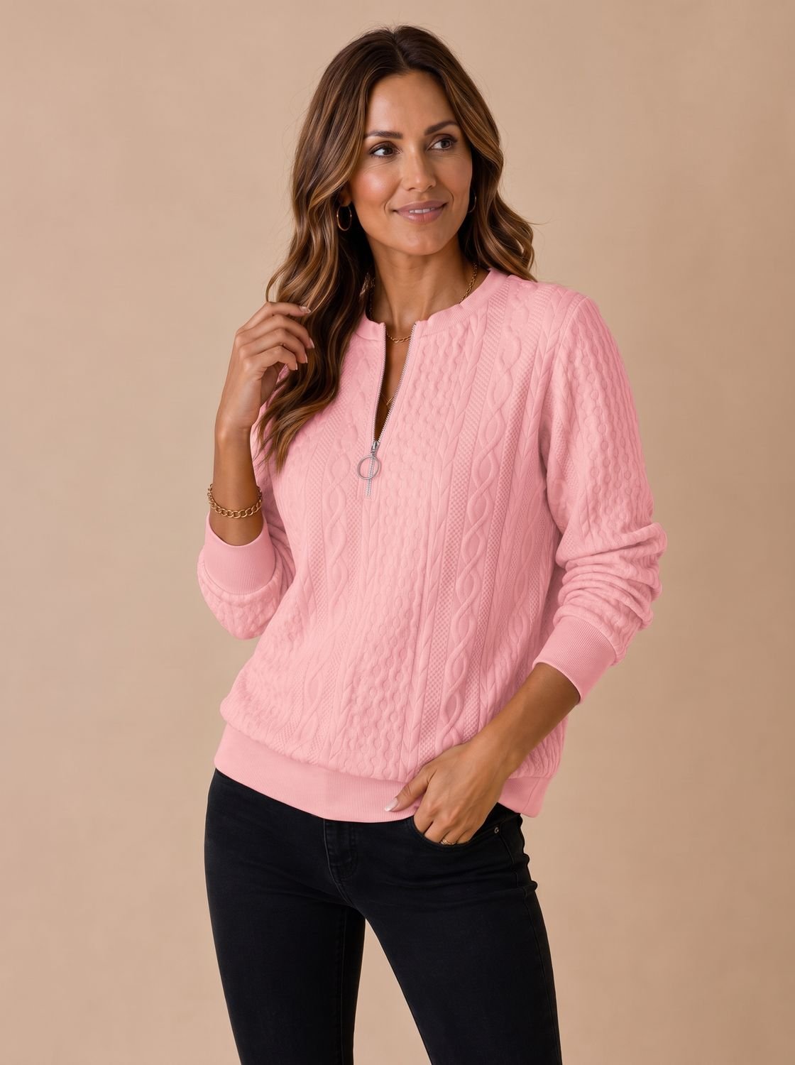 MARLOW dames kabelbrei half-zip trui met relaxed fit, vooraanzicht