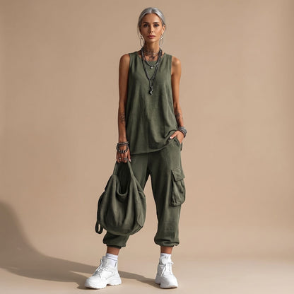 MILA dames cargoset met mouwloze top en broek met zakken