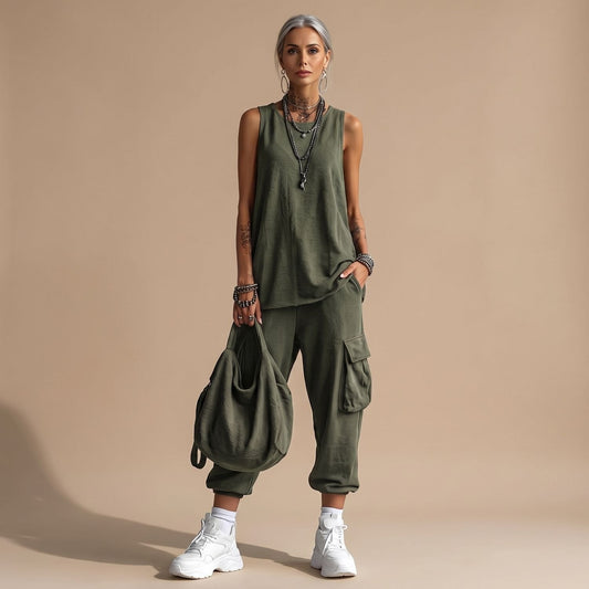 MILA dames cargoset met mouwloze top en broek met zakken