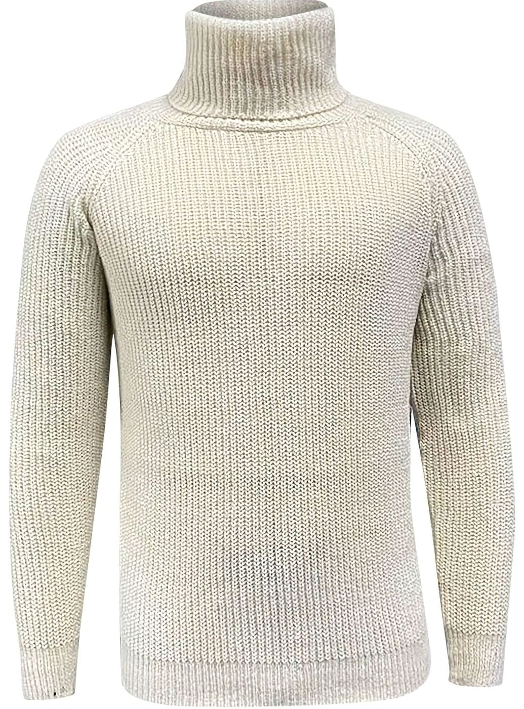 Detailfoto van de hoge kraag van de beige geribbelde heren pullover