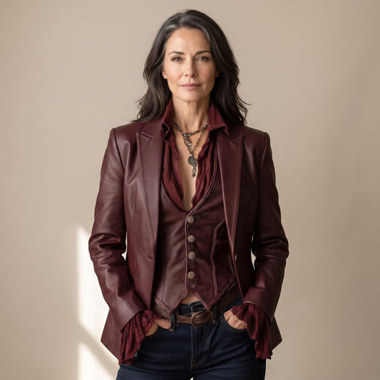 ORANYA dames vintage blazer in burgundy kunstleer, vooraanzicht