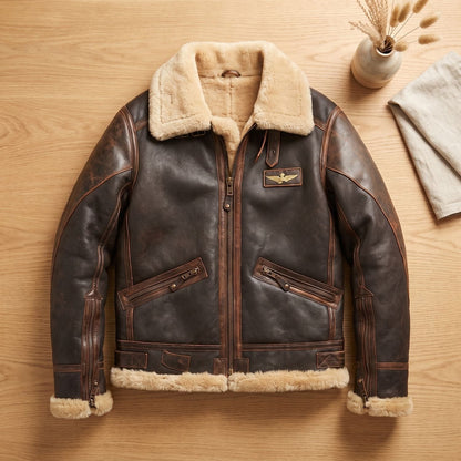 RANGER heren leren vliegeniersjack met schapenvacht kraag, vintage stijl