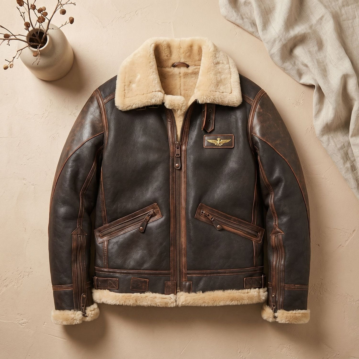 Detail van de schapenvacht kraag van het RANGER leren jack