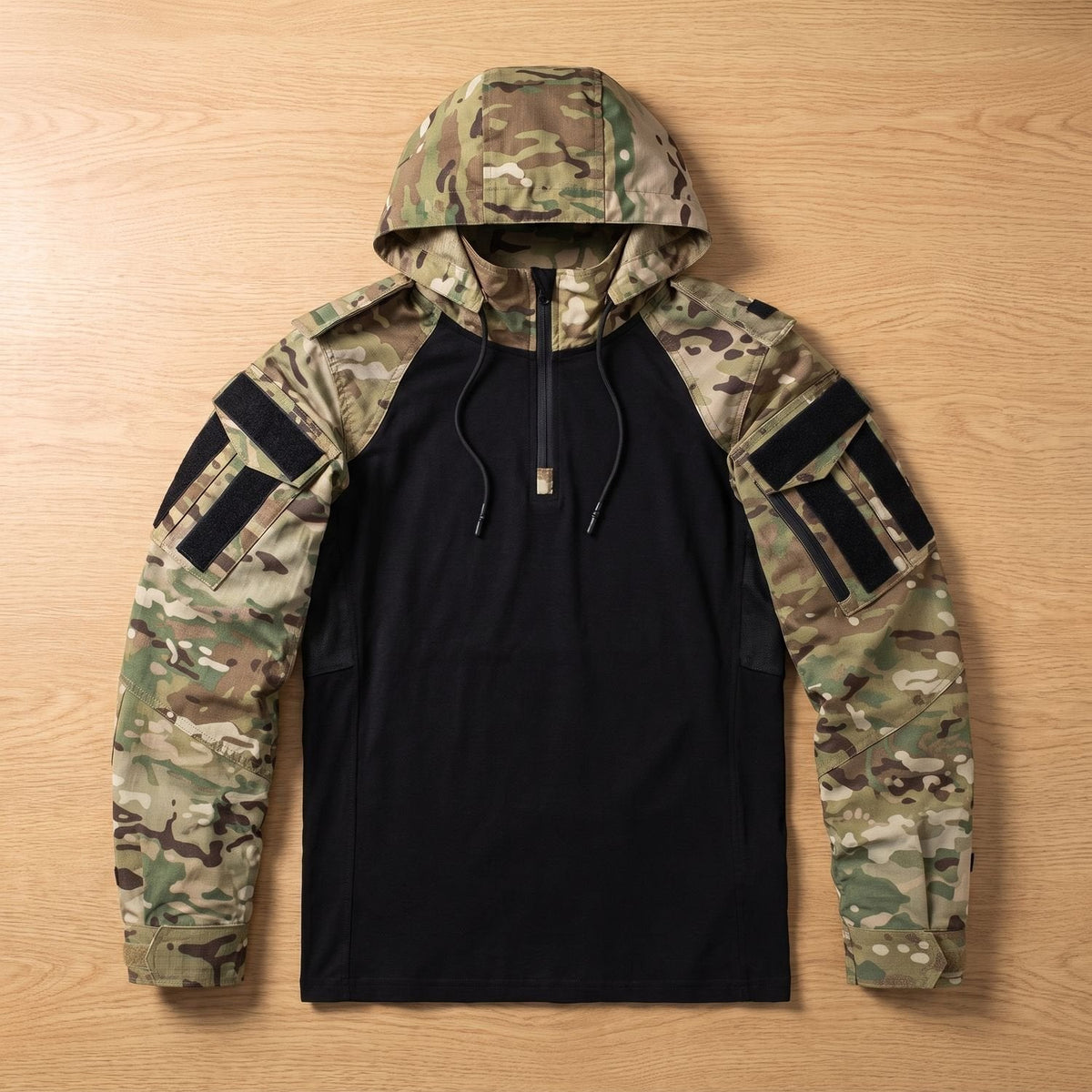 RECON heren softshell tactical jas met capuchon en camouflage mouwen