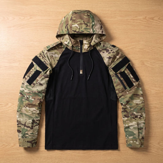 RECON heren softshell tactical jas met capuchon en camouflage mouwen
