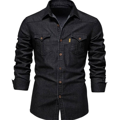 Klassieke kraag en knoopsluiting van het heren denim shirt