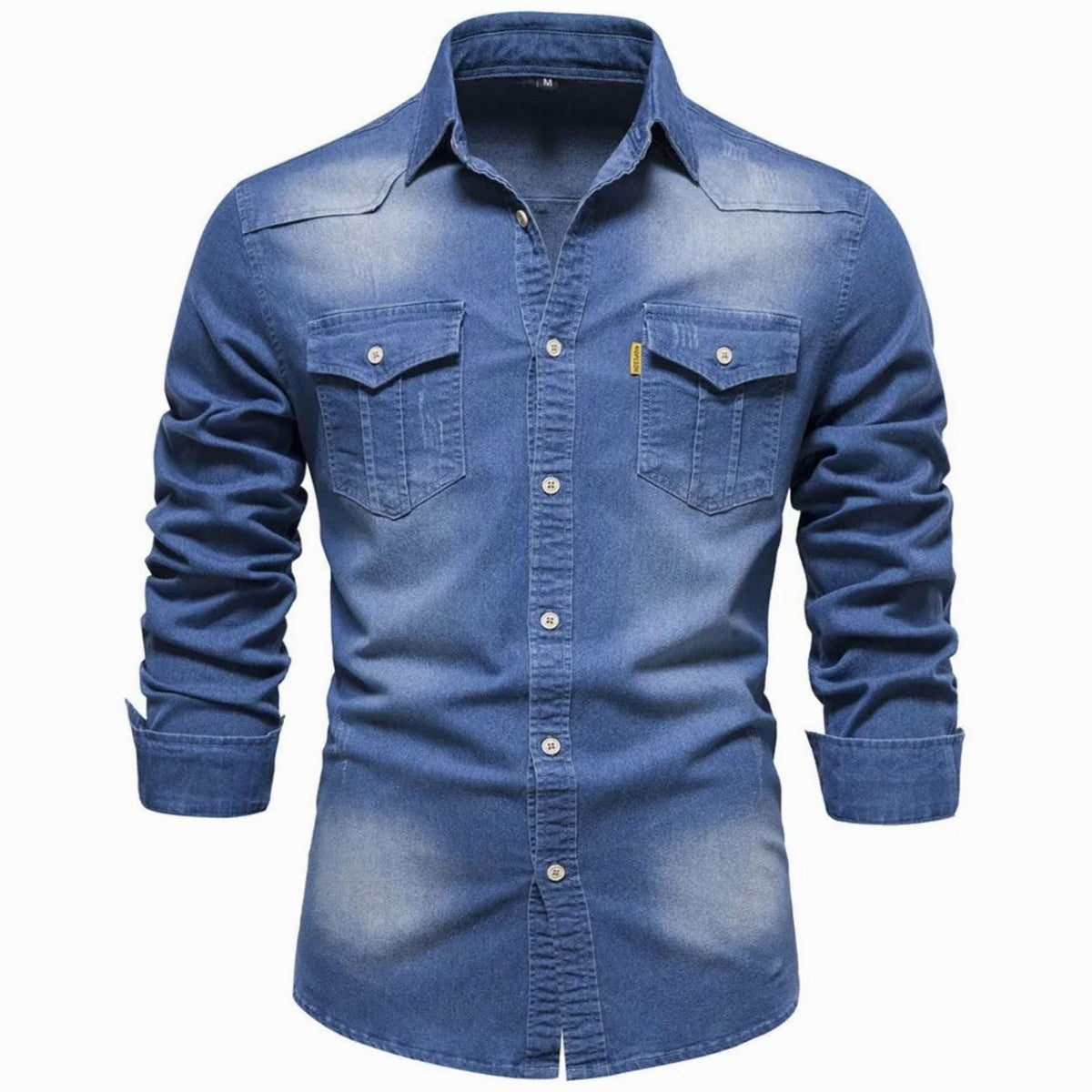 Close-up van de denim stof en knopen van het overhemd