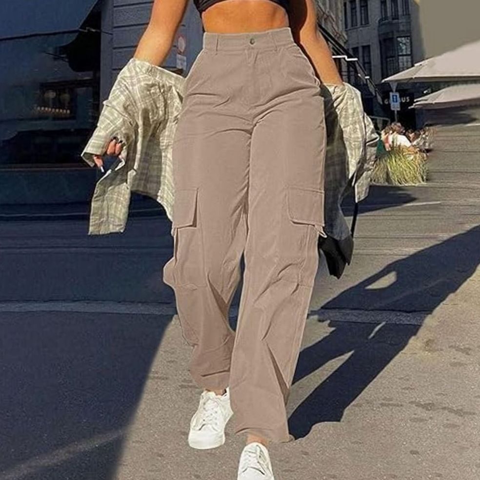Roze cargo broek met hoge taille, casual weekend outfit