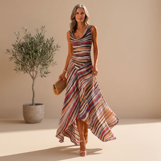 SAHARA gestreepte mouwloze maxi-jurk met asymmetrische waterval-zoom