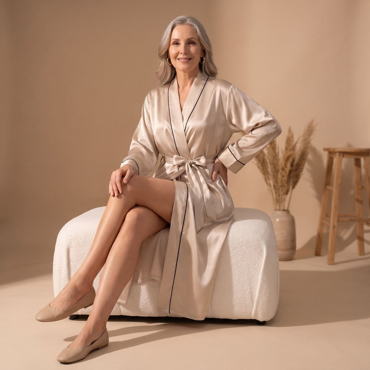 Model draagt de SAVERINE kamerjas in de kleur champagne
