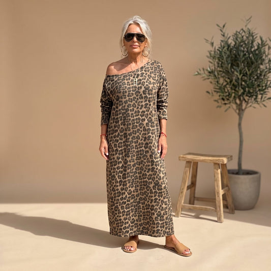 SAVIRA oversized midi-jurk met luipaardprint en lange mouwen voor dames