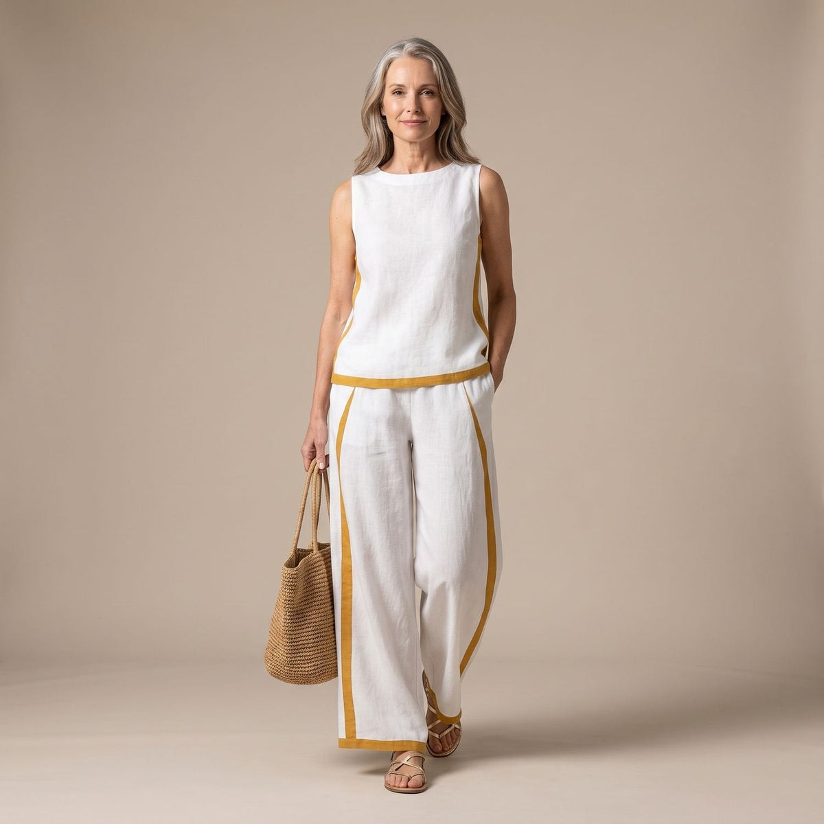 SERELLE dames set mouwloze top en wijde broek met tweekleurige bies
