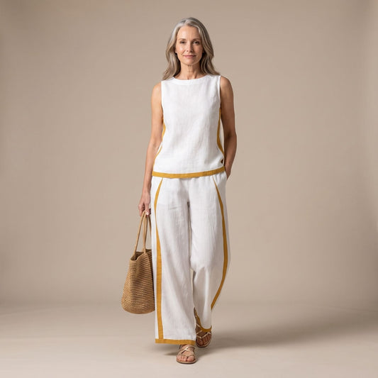 SERELLE dames set mouwloze top en wijde broek met tweekleurige bies