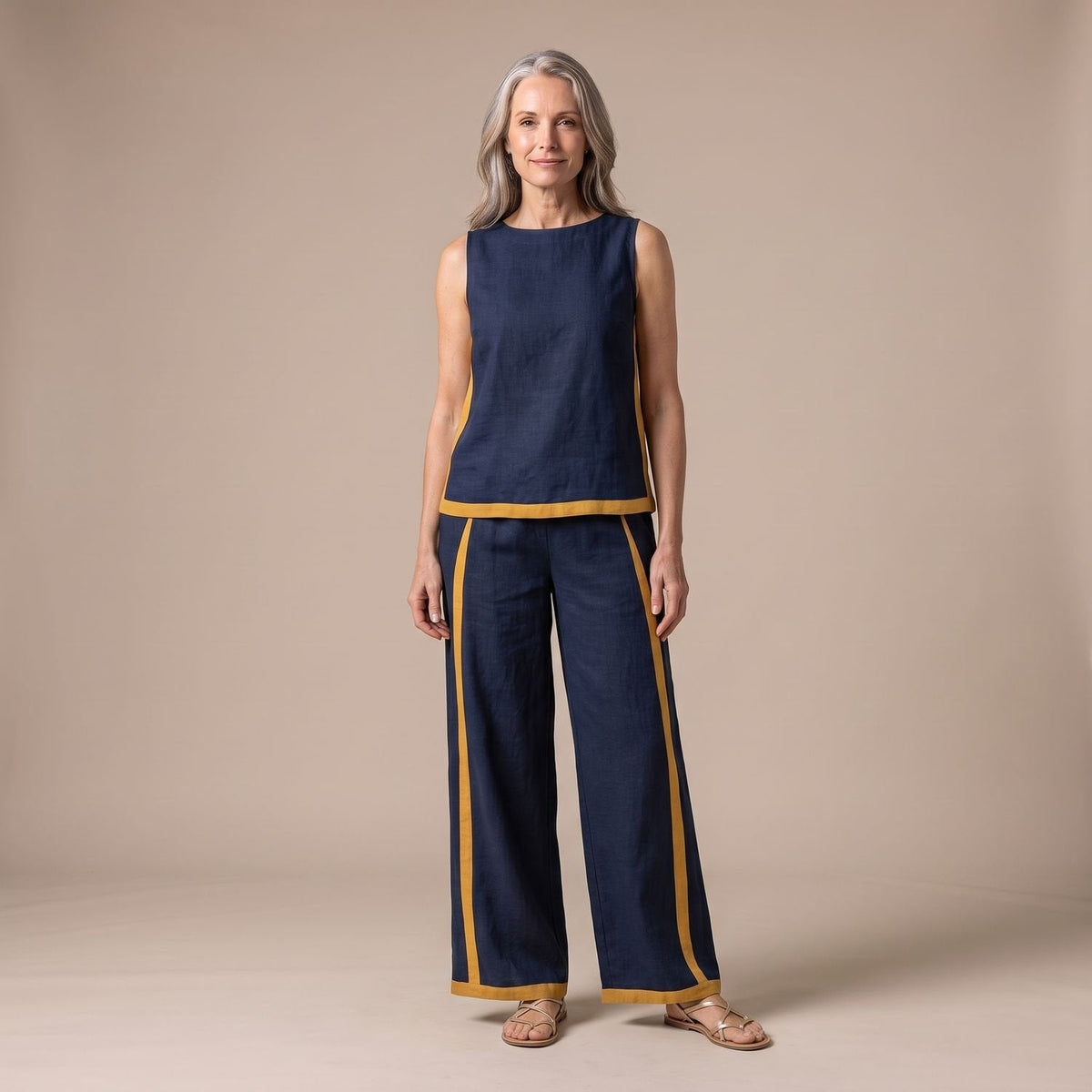 Zijaanzicht van de wijde broek met contraststreep