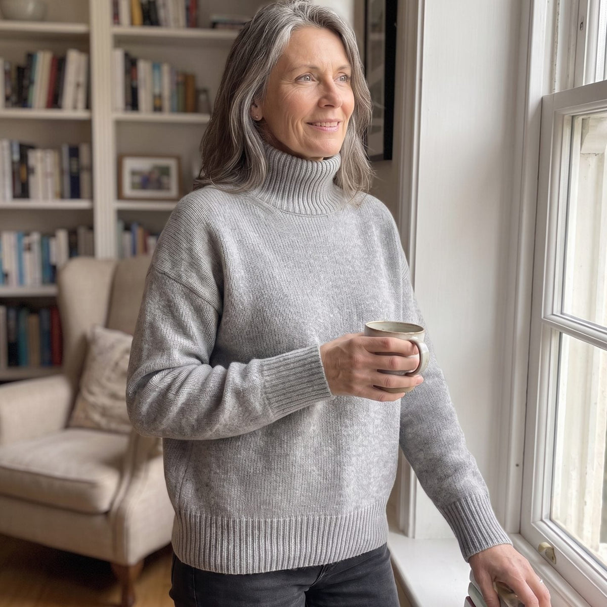 Dame draagt de SNOWMIRA kasjmier trui in een stijlvolle kantooroutfit