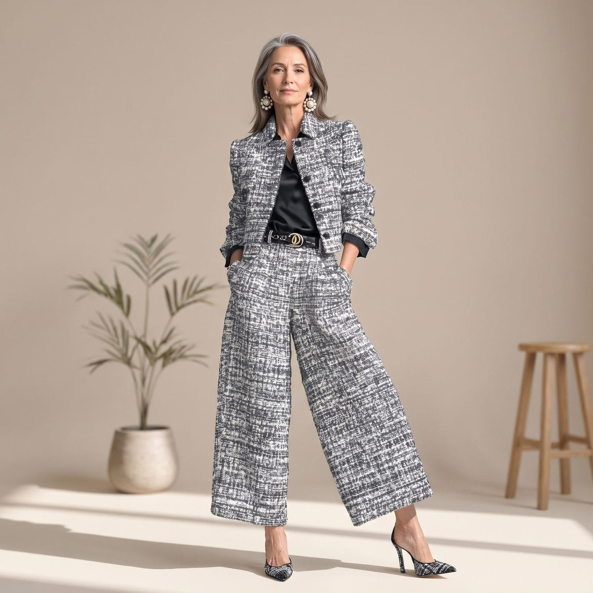 Vrouw draagt elegant tweed mantelpak met blazer en wijde broek
