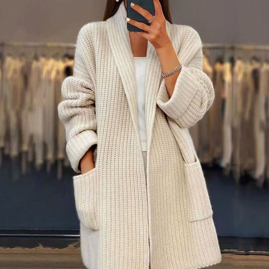 Dames oversized gebreid vest in effen kleur met sjaalkraag en voorzakken