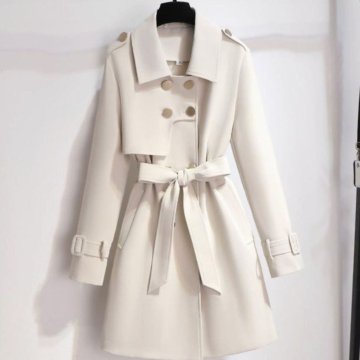 Vrouw draagt witte dubbelrijer trenchcoat met ceintuur en reverskraag