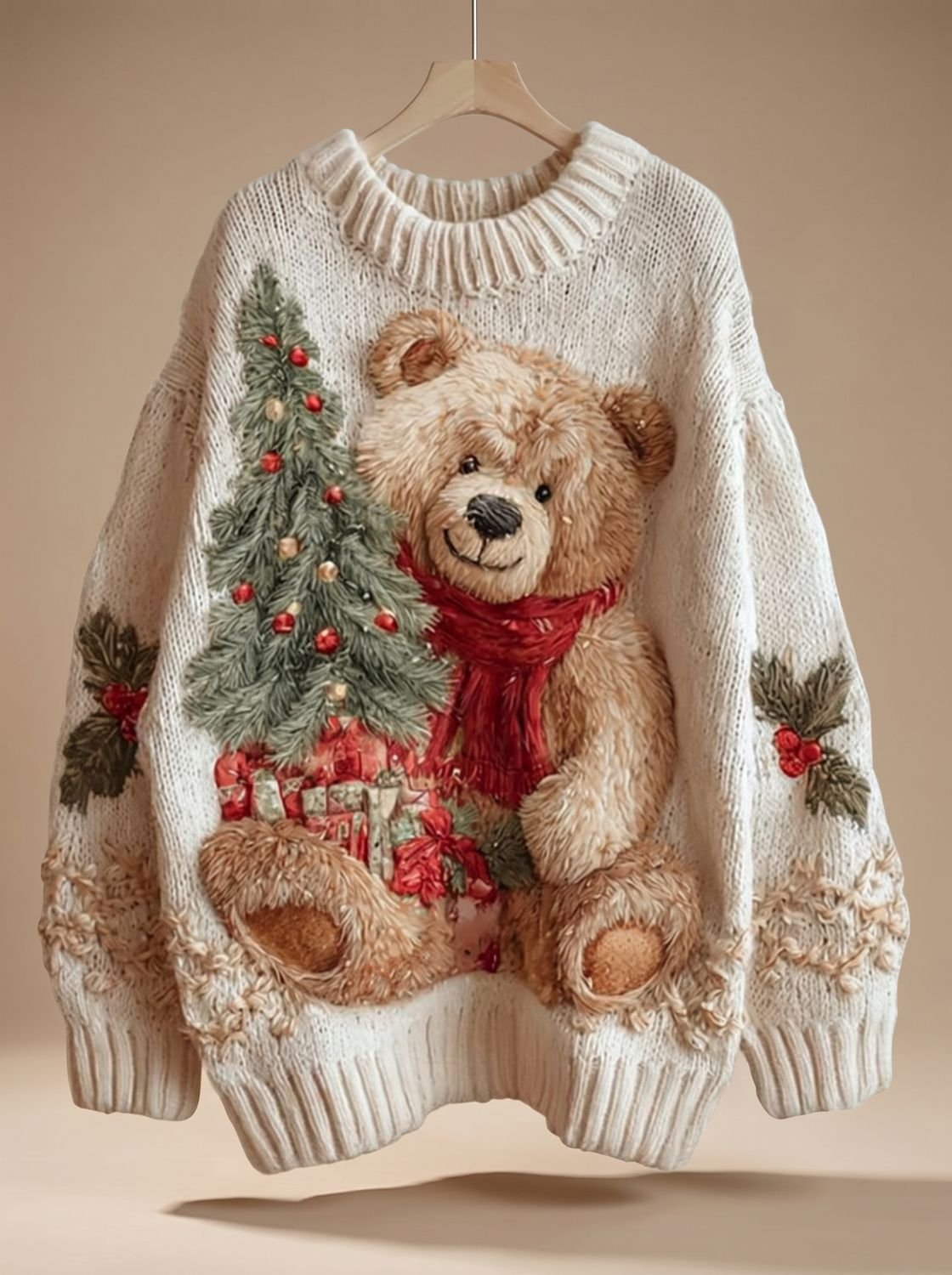 Dames oversized kersttrui met teddybeer en kerstboom motief