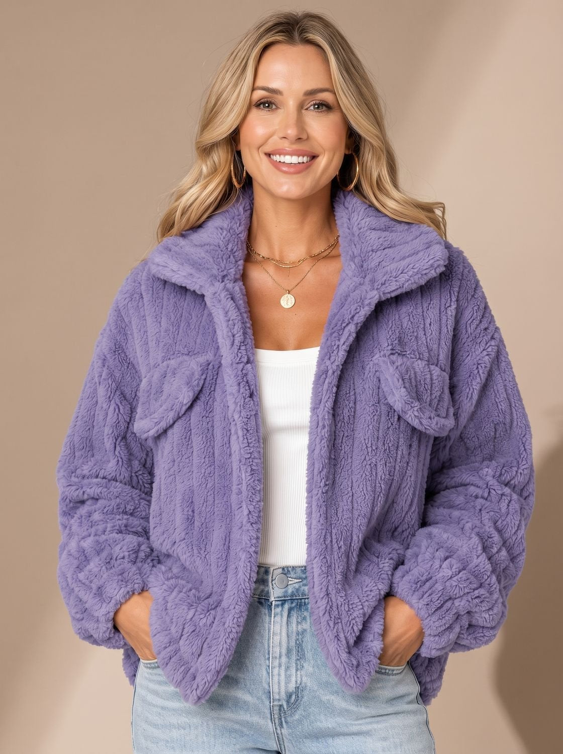 TESSVARA teddy fleece jas voor dames met brede kraag in relaxed fit