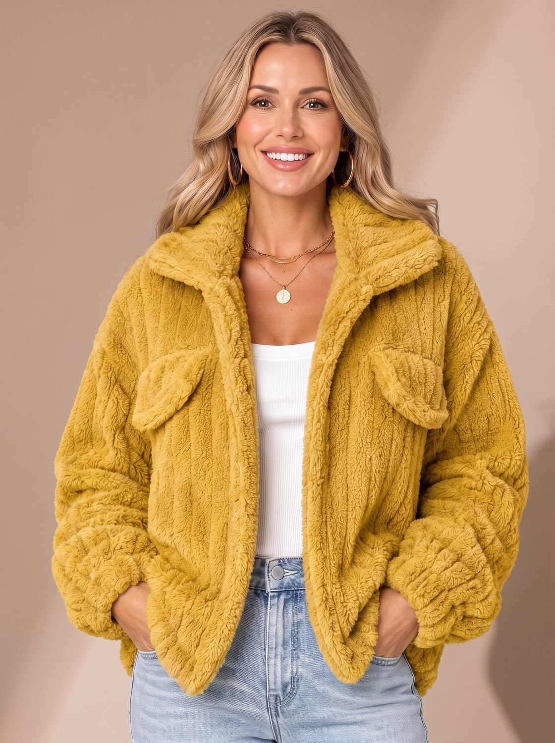 Detailfoto van de brede kraag van de TESSVARA teddy fleece jas