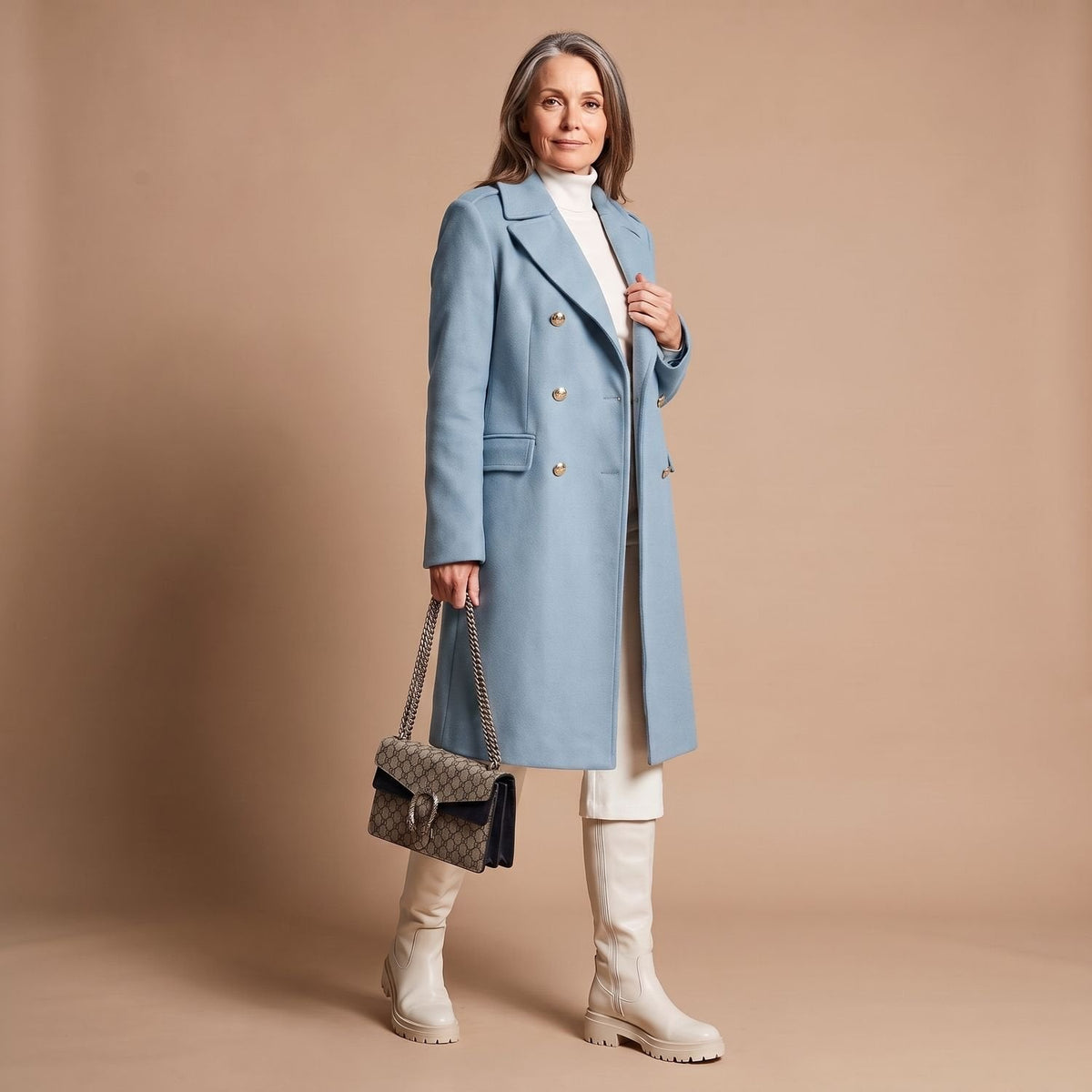 Model draagt de midi mantel gecombineerd met broek