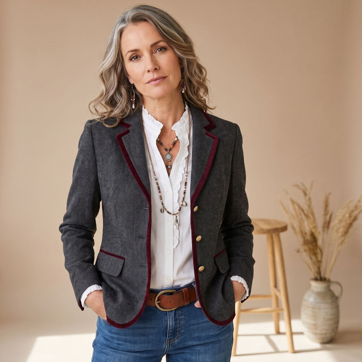 Vooraanzicht van de visgraat blazer met contrastbies voor dames
