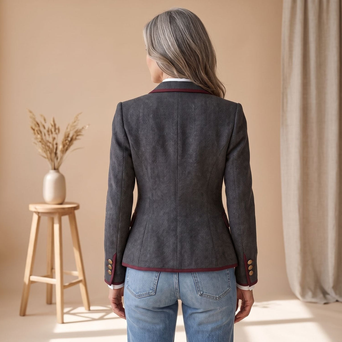 Detail van de bordeauxrode paspel op de visgraat damesblazer